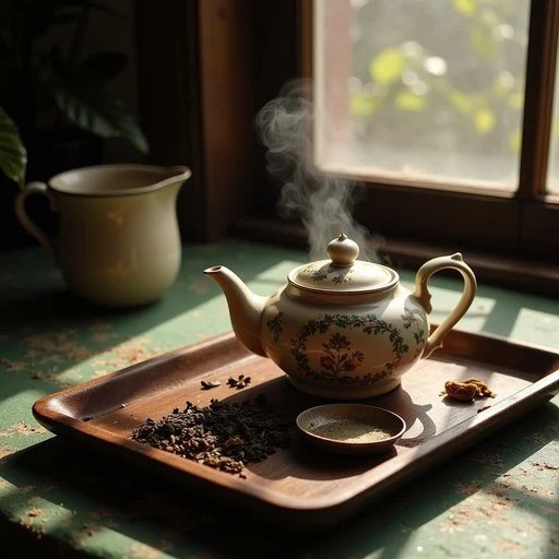 A steaming teapot on a wooden tray with coffee beans beside it.