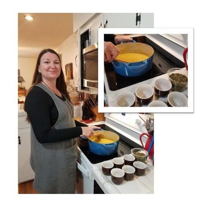Woman baking cupcakes in a warm kitchen.