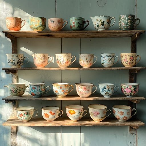 A wooden shelf filled with various colorful ceramic teacups.