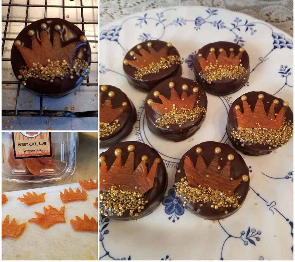Chocolate peanut butter cups decorated with caramel drizzle and sprinkles.