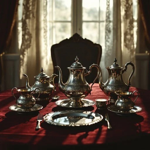 Elegant silver tea set on a red tablecloth with soft window light.