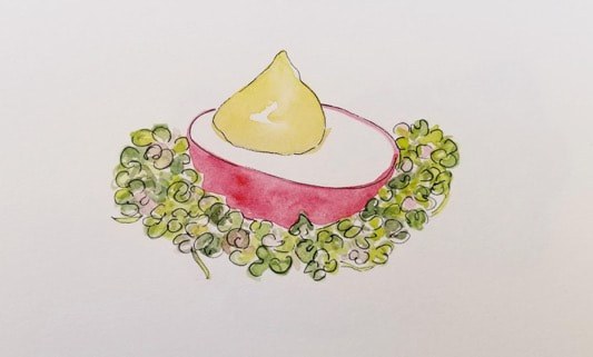 Watercolor painting of a radish with green sprouts.