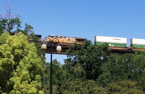 A train crossing a bridge over trees under a clear blue sky.