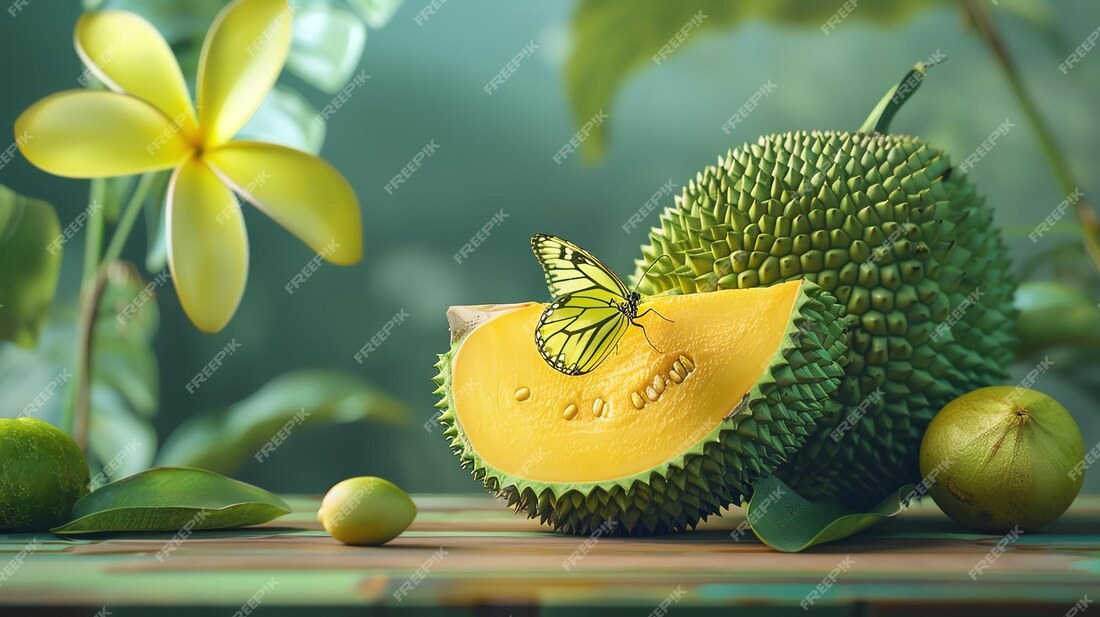A butterfly rests on a sliced jackfruit with raindrops falling.