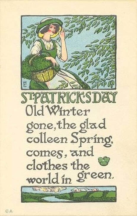 Illustrated St. Patrick's Day greeting with a spring-themed poem.