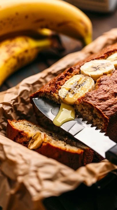 Sliced banana bread with honey drizzle on parchment paper.