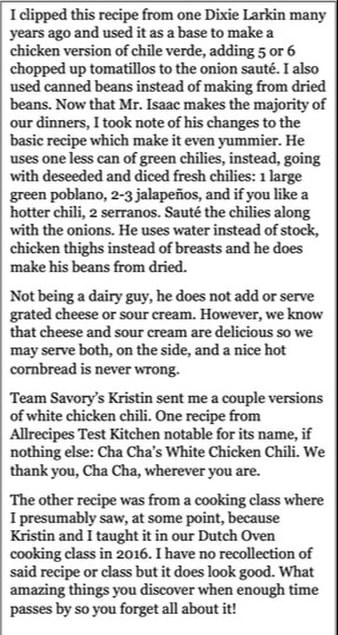 Recipe tips for making flavorful chicken chili with fresh and dried ingredients.