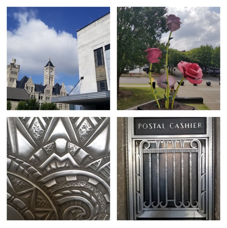 Collage of architectural and floral elements including a historic building, a flower, an ornate ceiling, and a gated doorway.