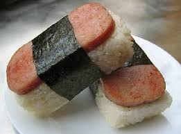 Spam musubi with rice and seaweed wrap.