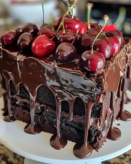 Chocolate cake with cherries on top.