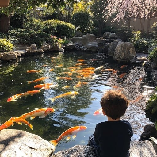 A child watches colorful koi fish in a serene garden pond.