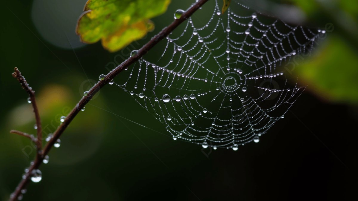 A dewy spider web glistening on a branch in nature.