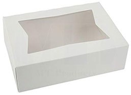 White bakery box with a clear window on top.