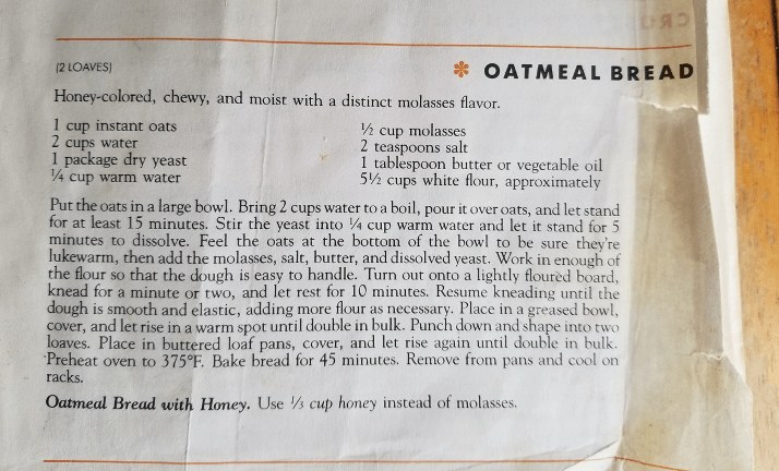 An oatmeal bread recipe with ingredients and instructions.