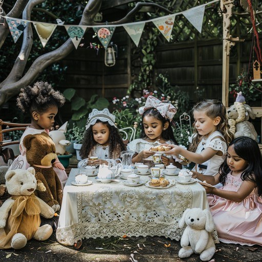 Children having a tea party with stuffed animals outdoors.