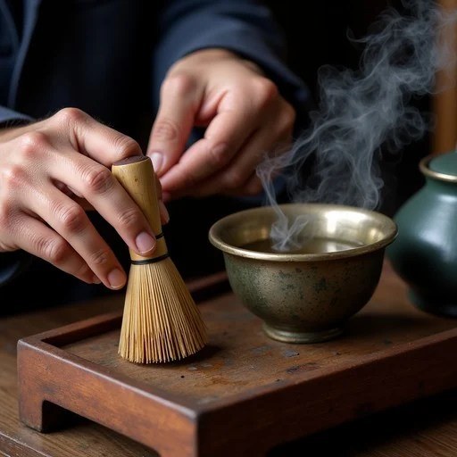 Person preparing traditional tea with a bamboo whisk and bowl.