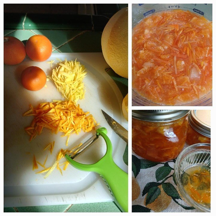 Orange marmalade preparation with fruit and jars.