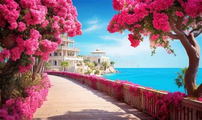Scenic coastal walkway with vibrant pink flowers and blue sea.