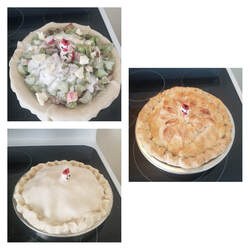 Three stages of preparing a pie with decorative crust and filling.