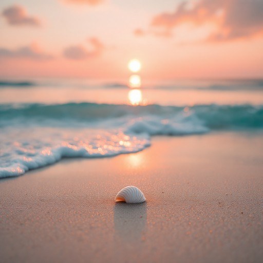 A seashell rests on the beach during a vibrant sunset.
