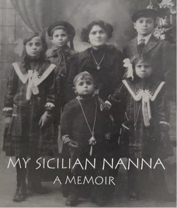 Vintage family portrait titled 'My Sicilian Nanna: A Memoir'.