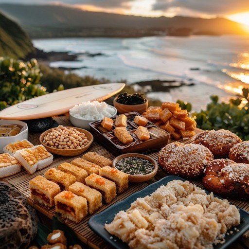 A variety of breads and pastries displayed outdoors by the coast at sunset.