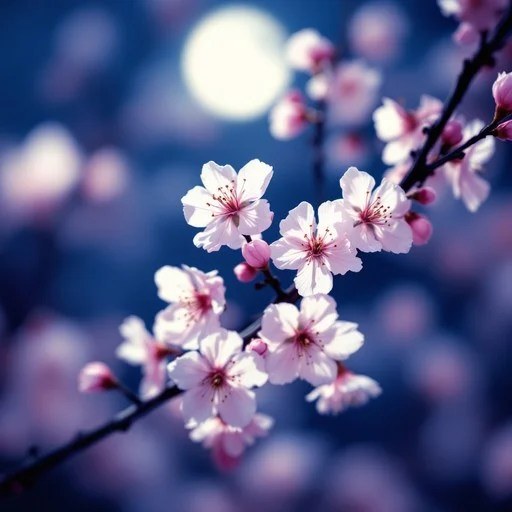 Delicate cherry blossoms bloom under soft moonlight.