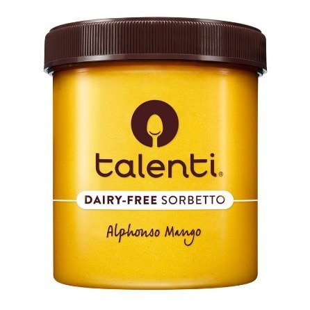 Talenti dairy-free Alphonso mango sorbet in a yellow container.