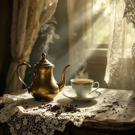 Vintage teapot and cup on lace-covered table with sunlight streaming.