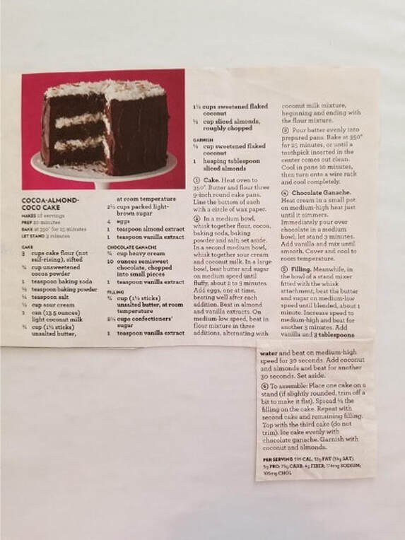 Chocolate layer cake recipe with frosting and ingredients.