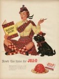 Vintage Jell-O ad featuring a woman holding a recipe book and a molded gelatin dessert.