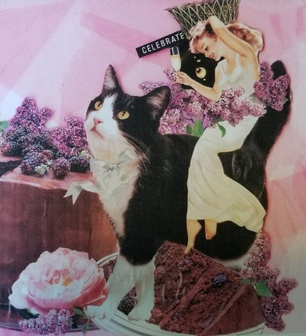 Black and white cat posing with flowers and a perfume bottle.