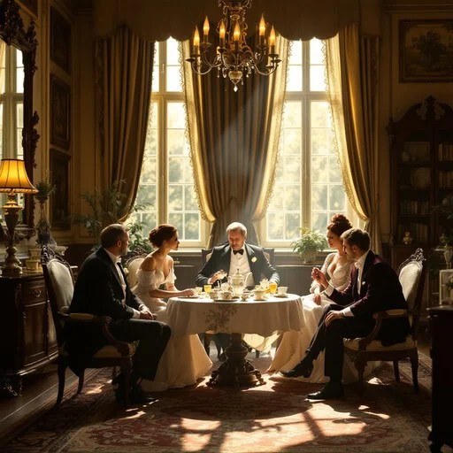 Elegant group dining in a sunlit, vintage room with large windows and chandelier.