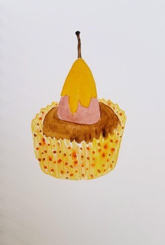 A cupcake with yellow frosting and a pink candle on top.