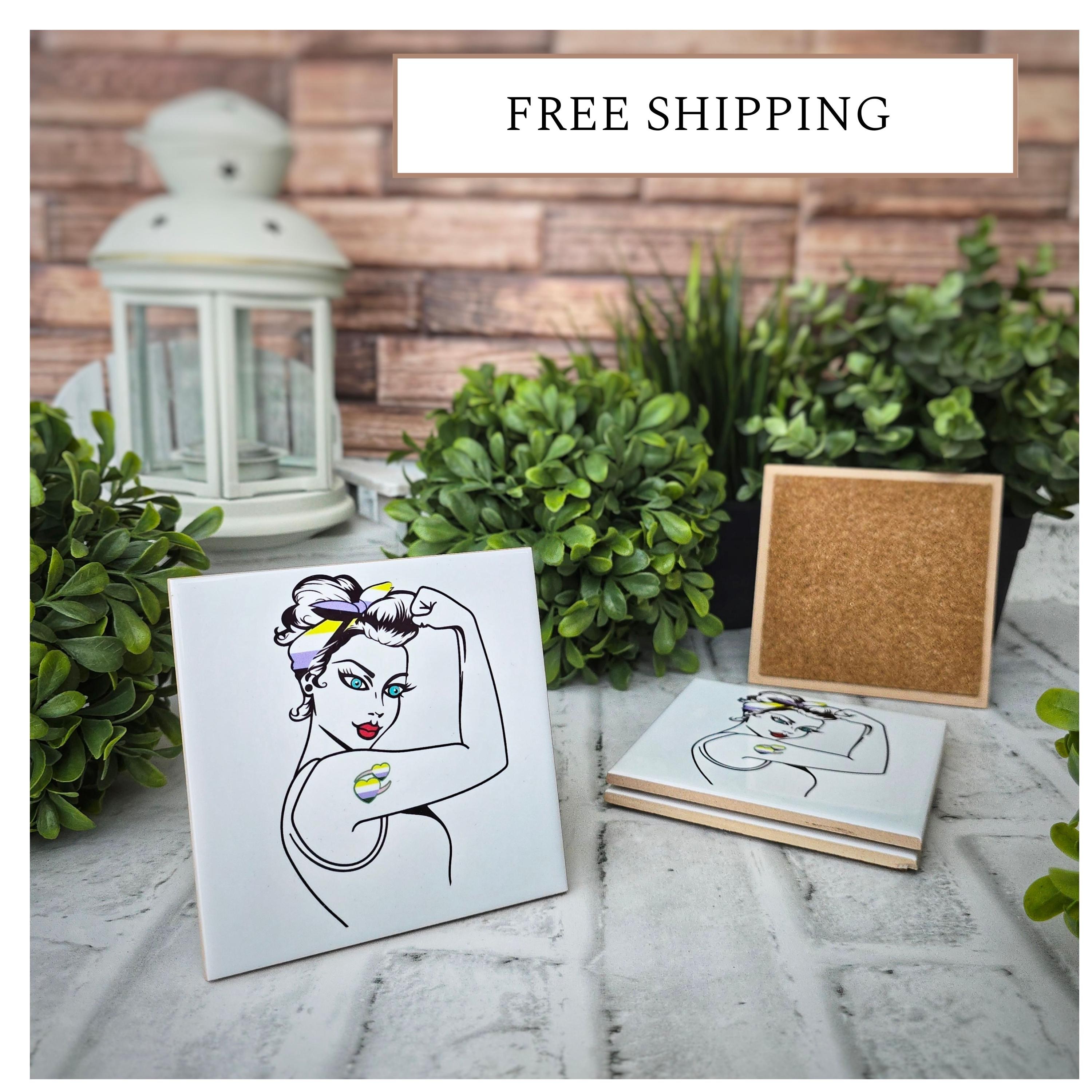 Non-Binary Rosie the Riveter Ceramic Coasters - Set of 4