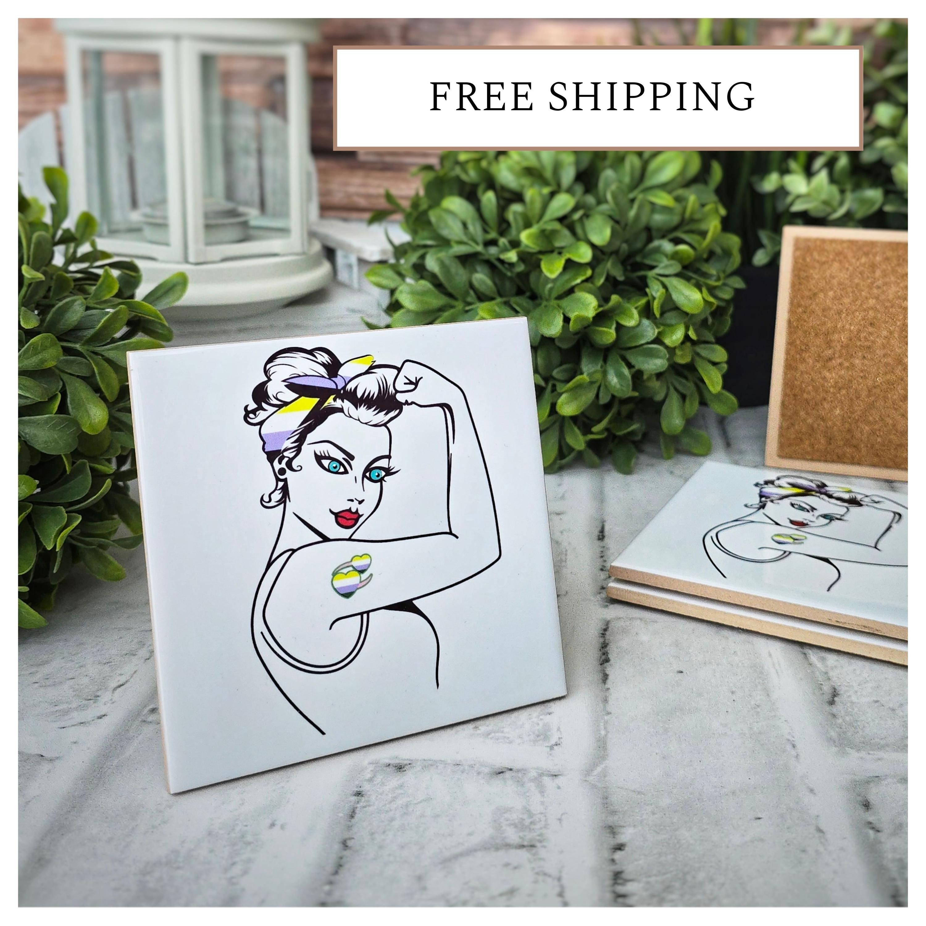 Non-Binary Rosie the Riveter Ceramic Coasters - Set of 4, detail 2