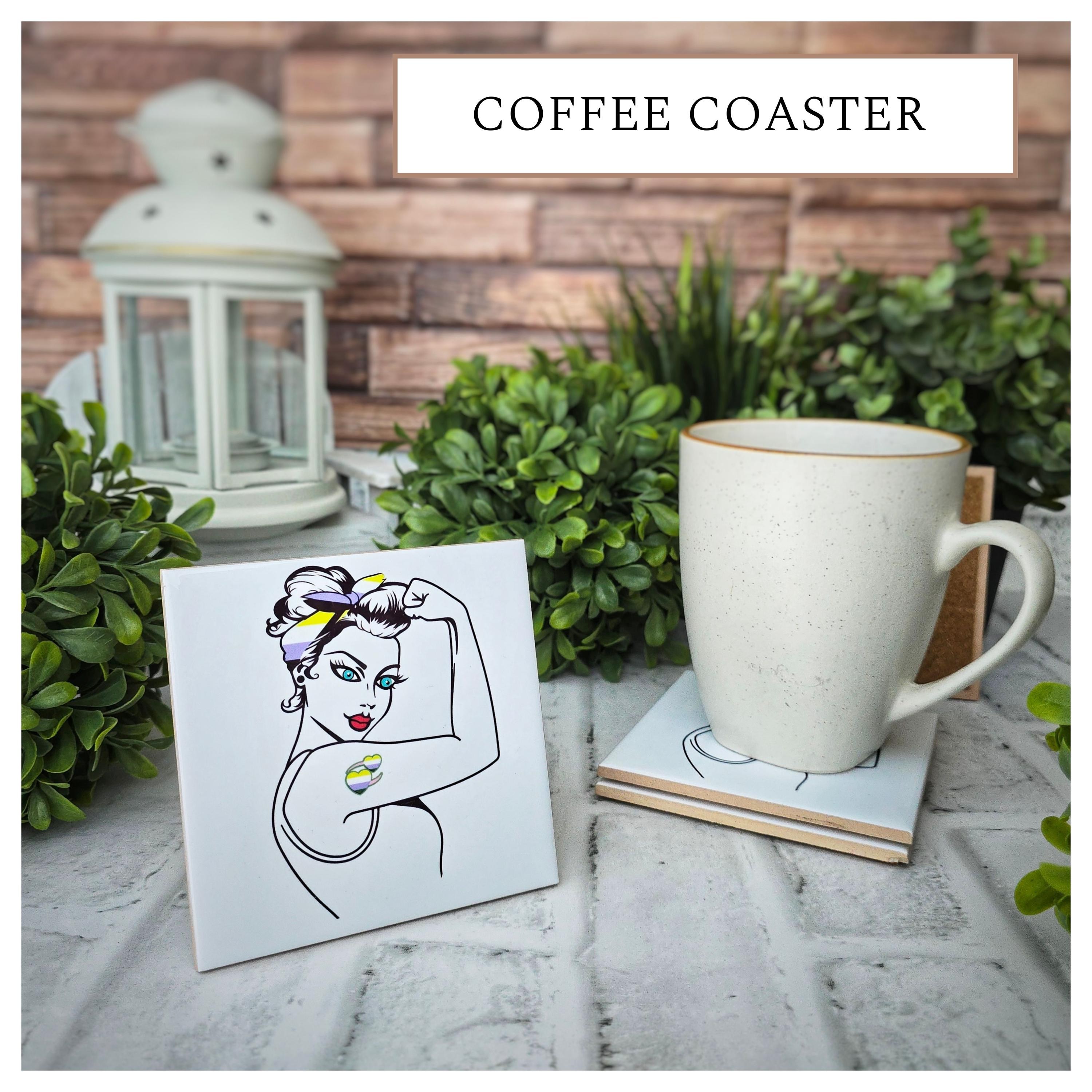 Non-Binary Rosie the Riveter Ceramic Coasters - Set of 4, detail 6