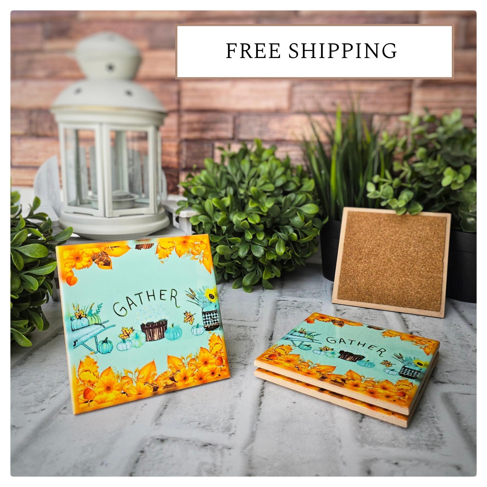 Autumn Ceramic Coasters: Gather Theme, Fall Decor (Set of 4)