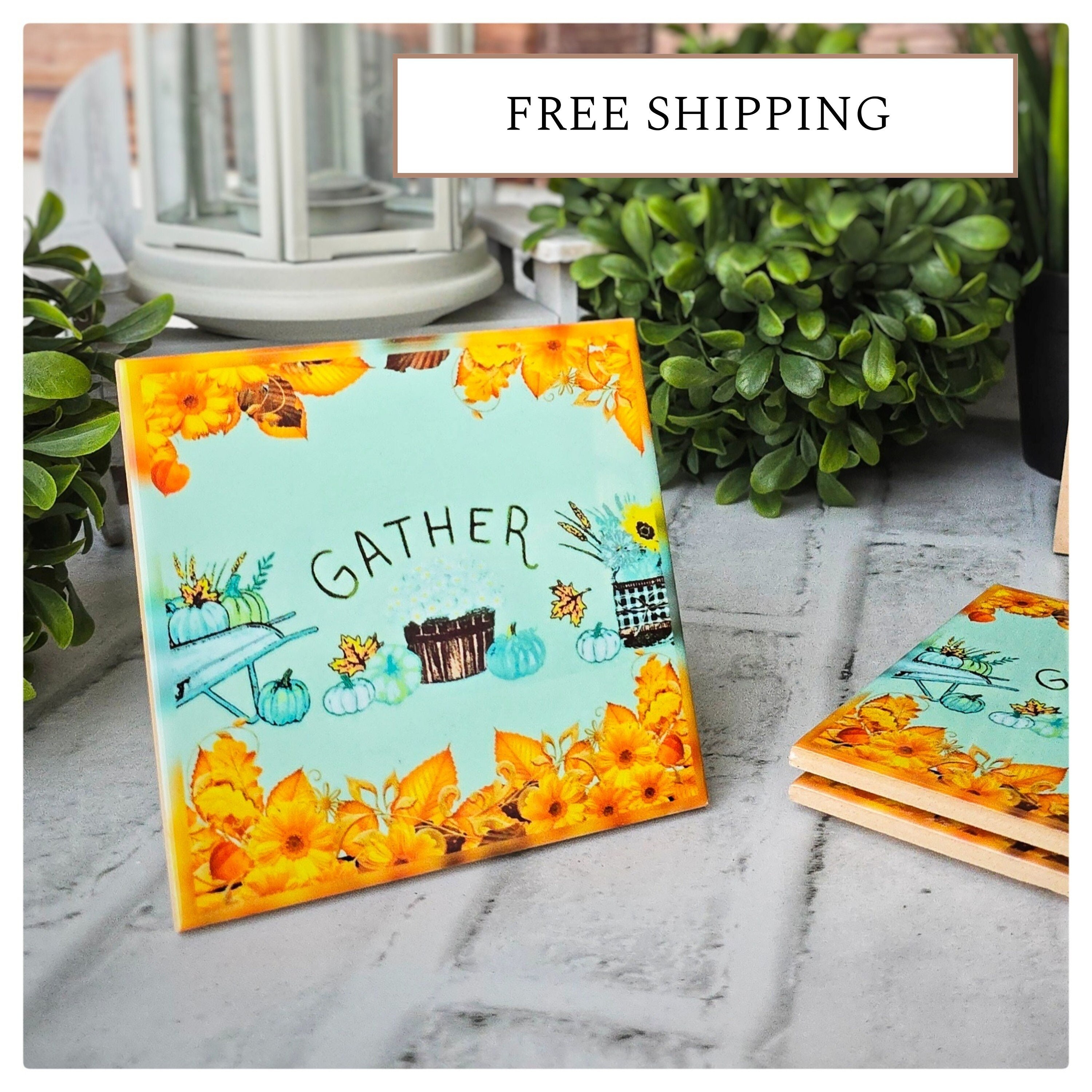 Autumn Ceramic Coasters: Gather Theme, Fall Decor (Set of 4), detail 8