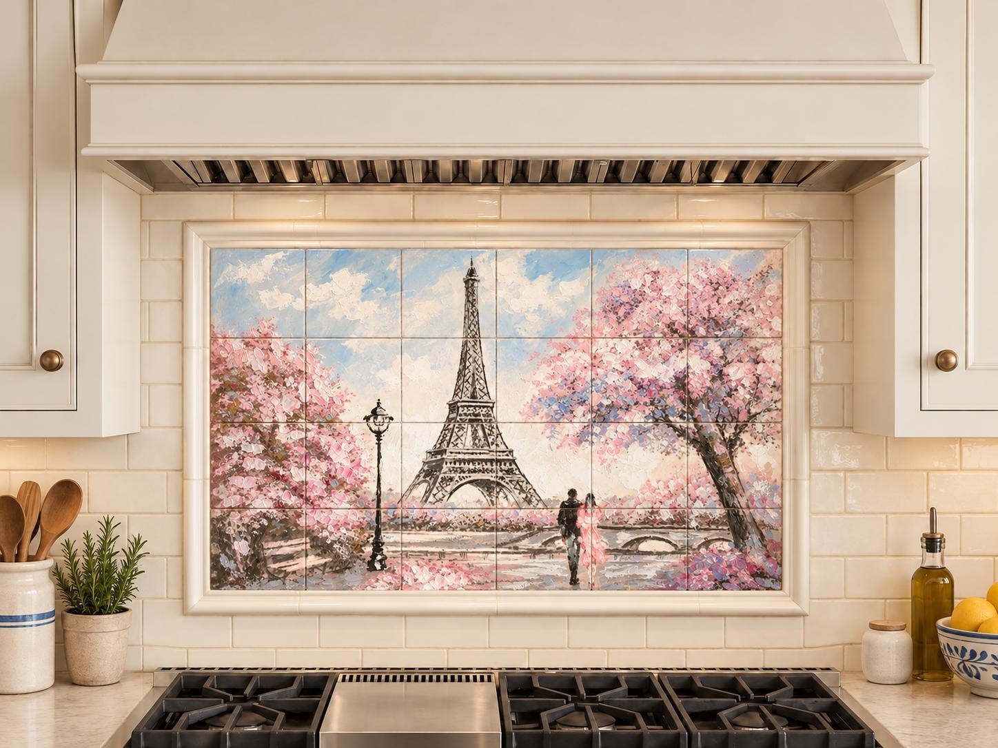 Paris Scene Ceramic Tiles: Pink & Grey Romantic Mural (Peel and Stick)