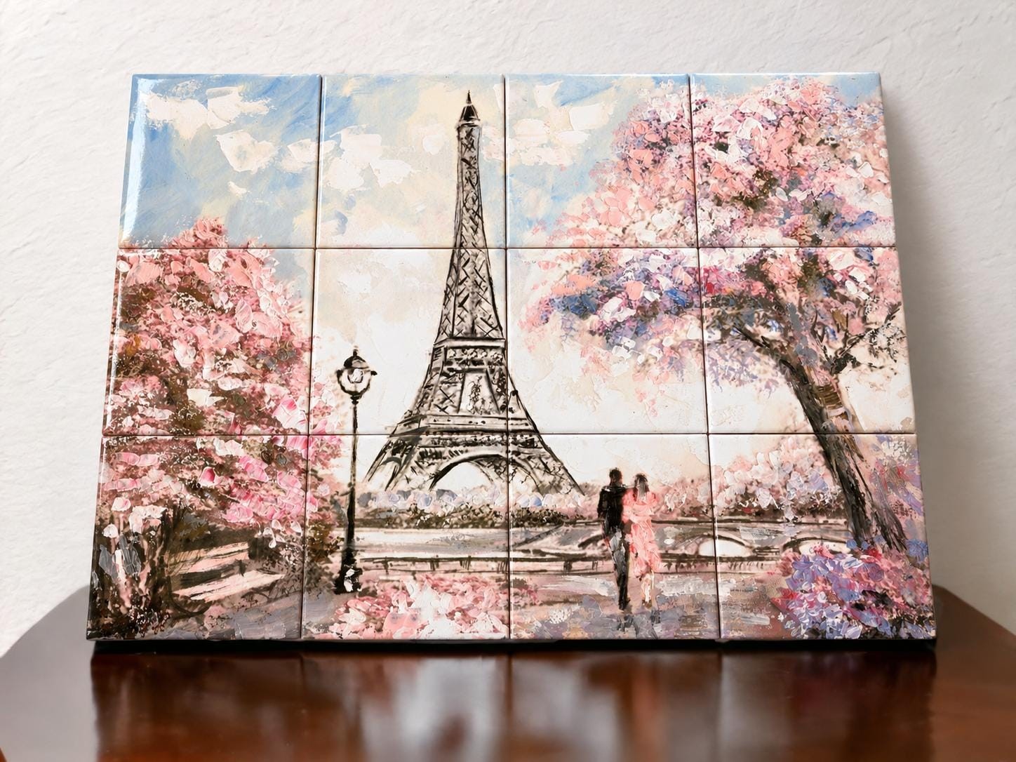 Paris Scene Ceramic Tiles: Pink & Grey Romantic Mural (Peel and Stick), detail 2