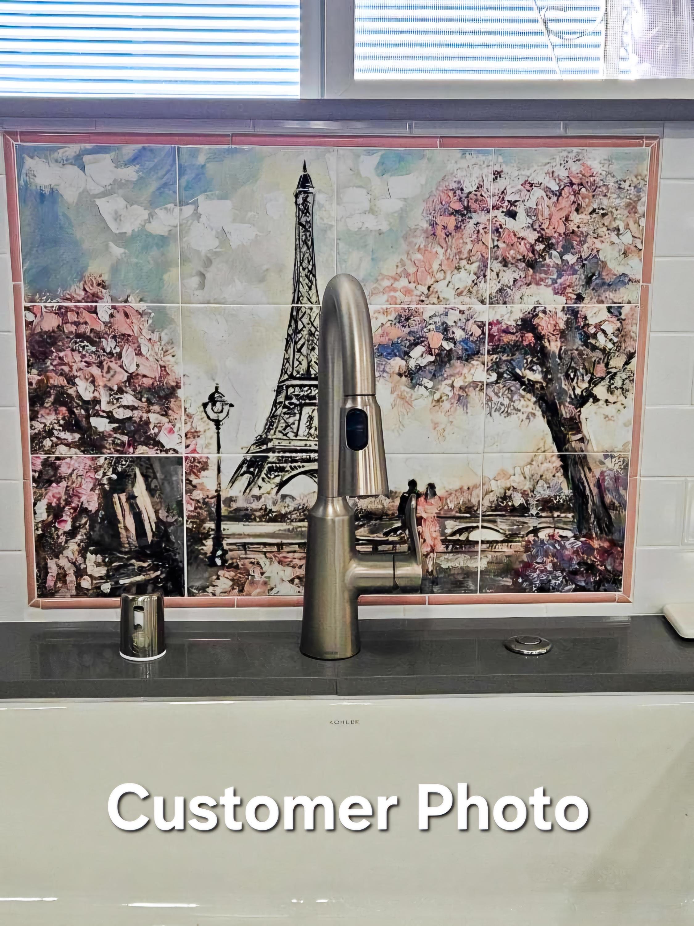 Paris Scene Ceramic Tiles: Pink & Grey Romantic Mural (Peel and Stick), detail 5