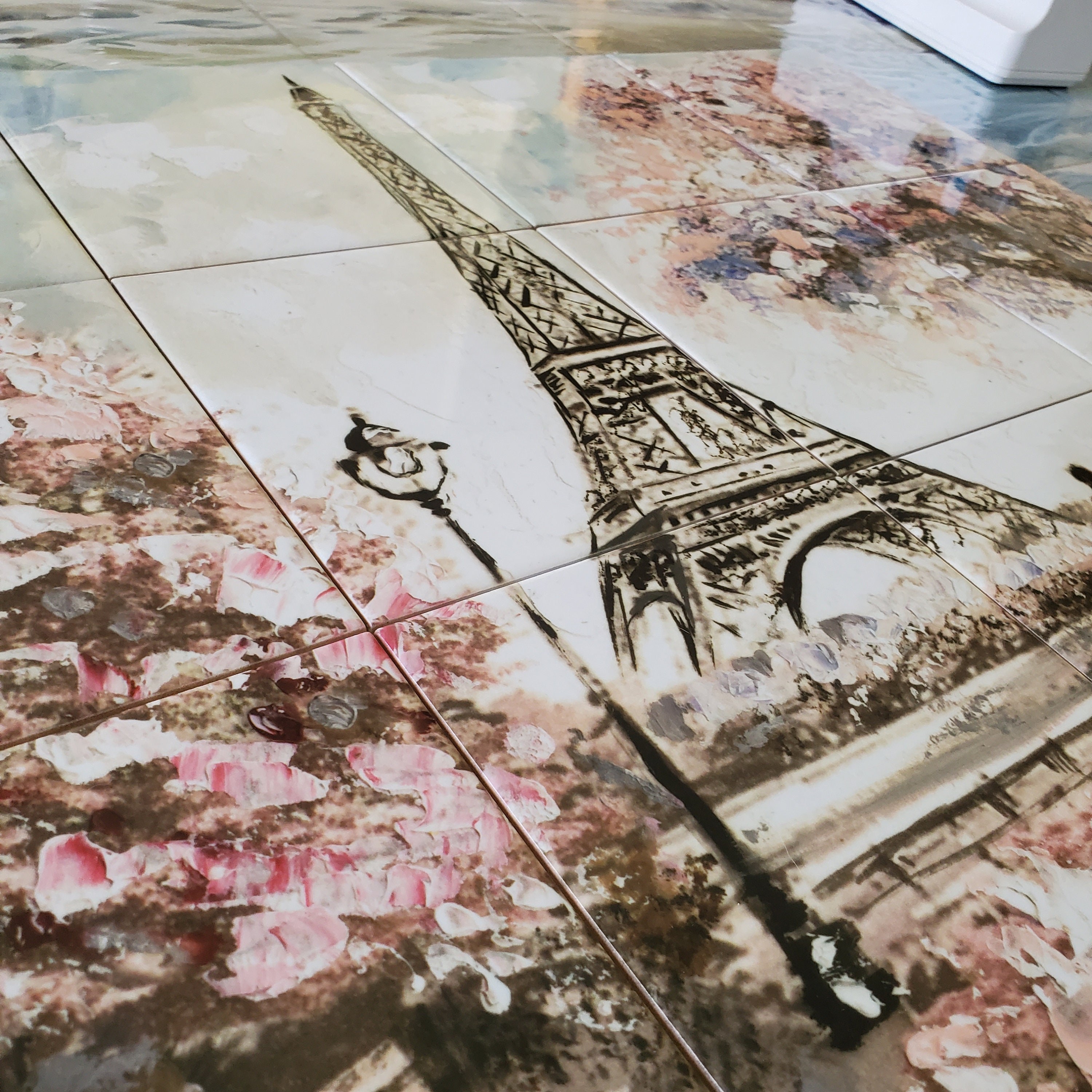 Paris Scene Ceramic Tiles: Pink & Grey Romantic Mural (Peel and Stick), detail 3