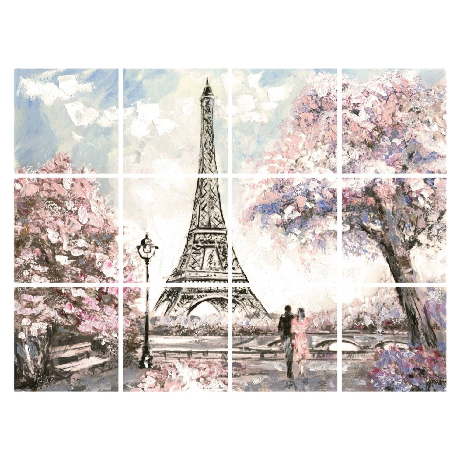 Paris Scene Ceramic Tiles: Pink & Grey Romantic Mural (Peel and Stick), detail 6