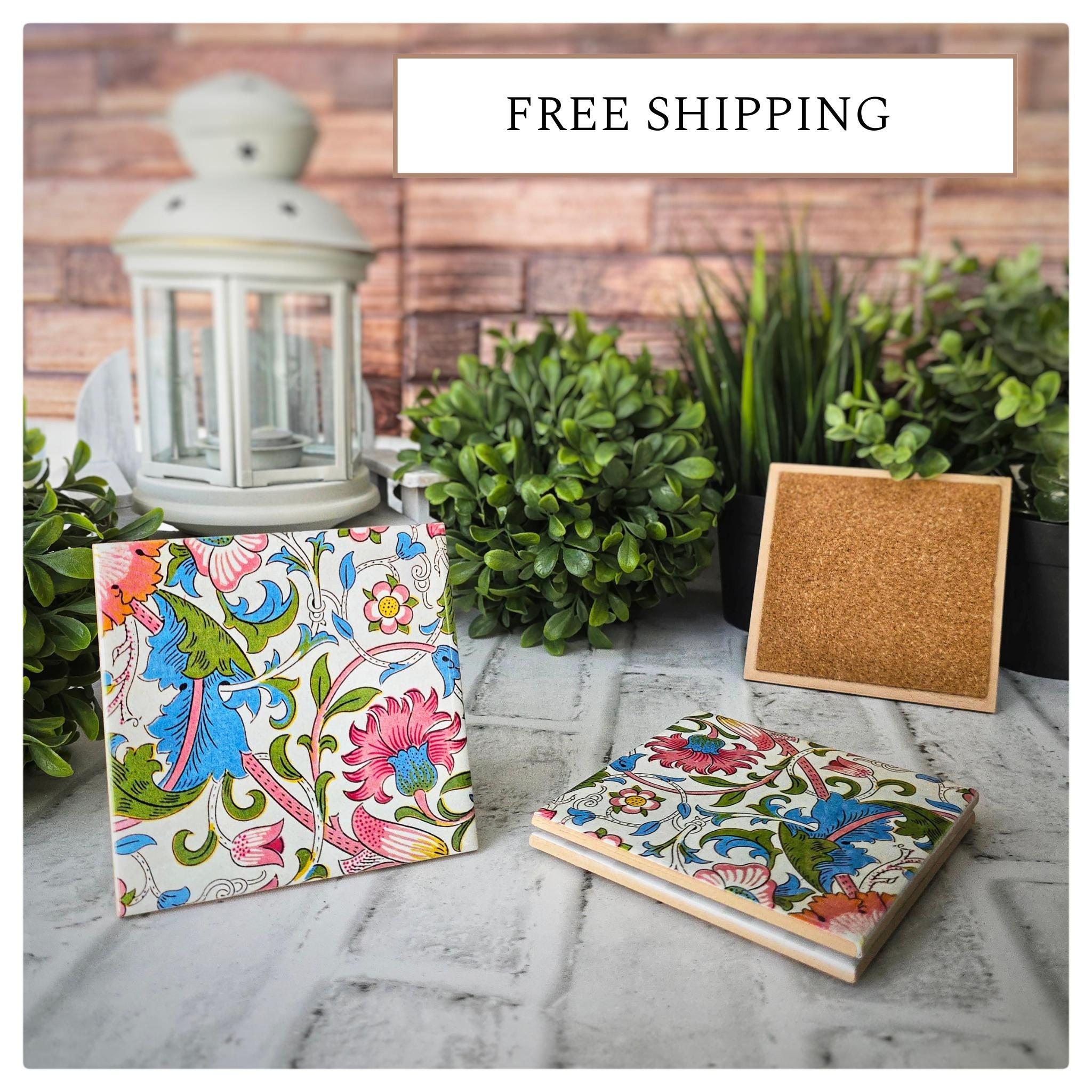 Floral Ceramic Coasters: Elegant Drink Coasters, Set of 4