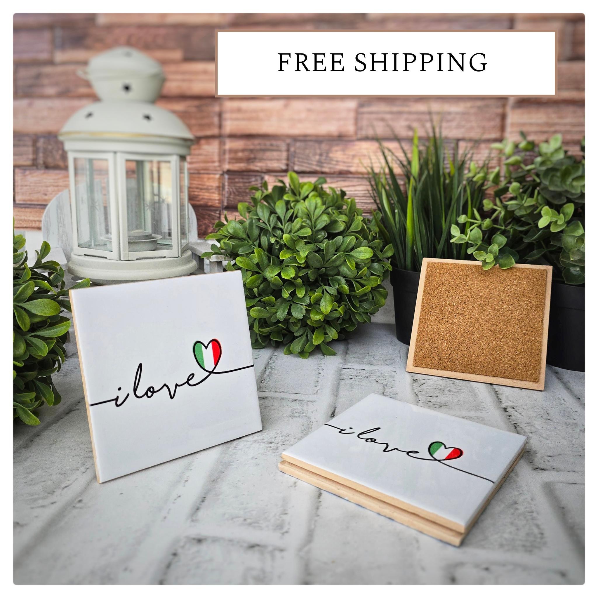 Ceramic Italy Coasters: "I Love Italy" Design, Cork Backed (Set of 4)