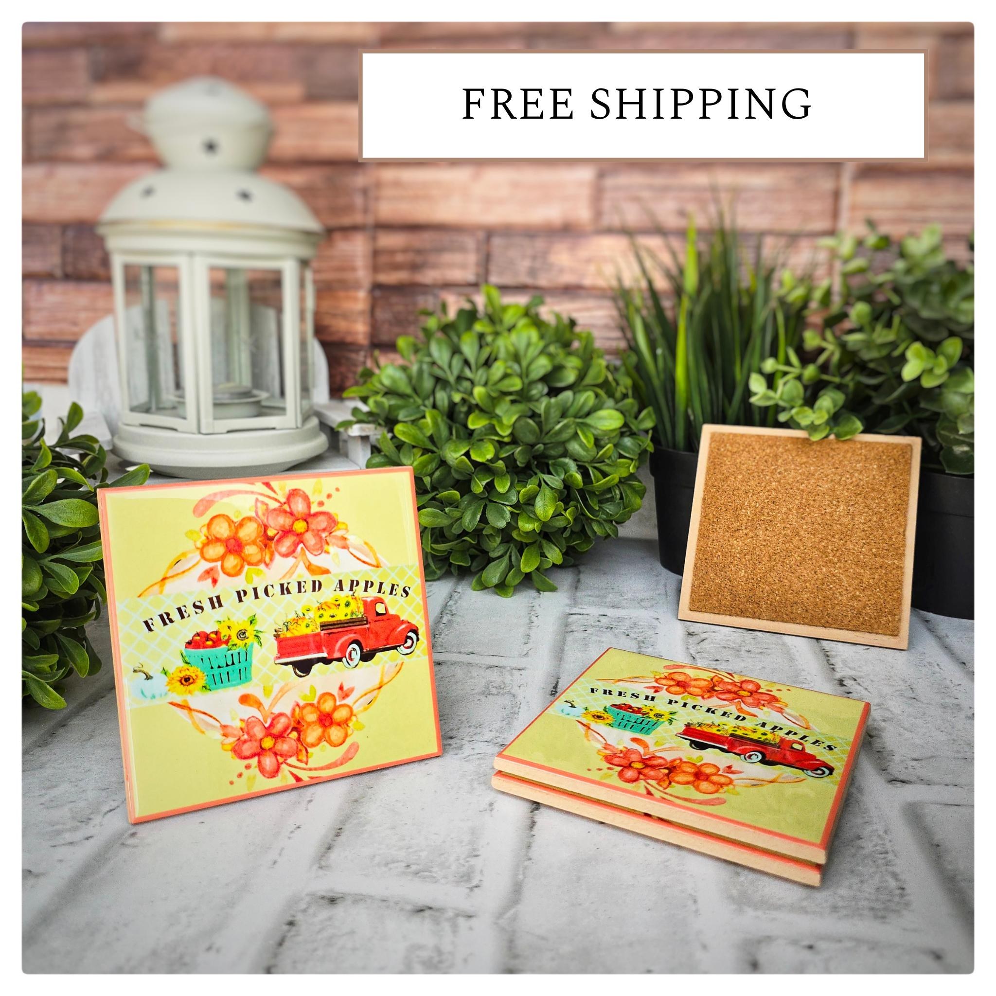 Fall Ceramic Coasters: Fresh Picked Apples, Red Truck - Set of 4