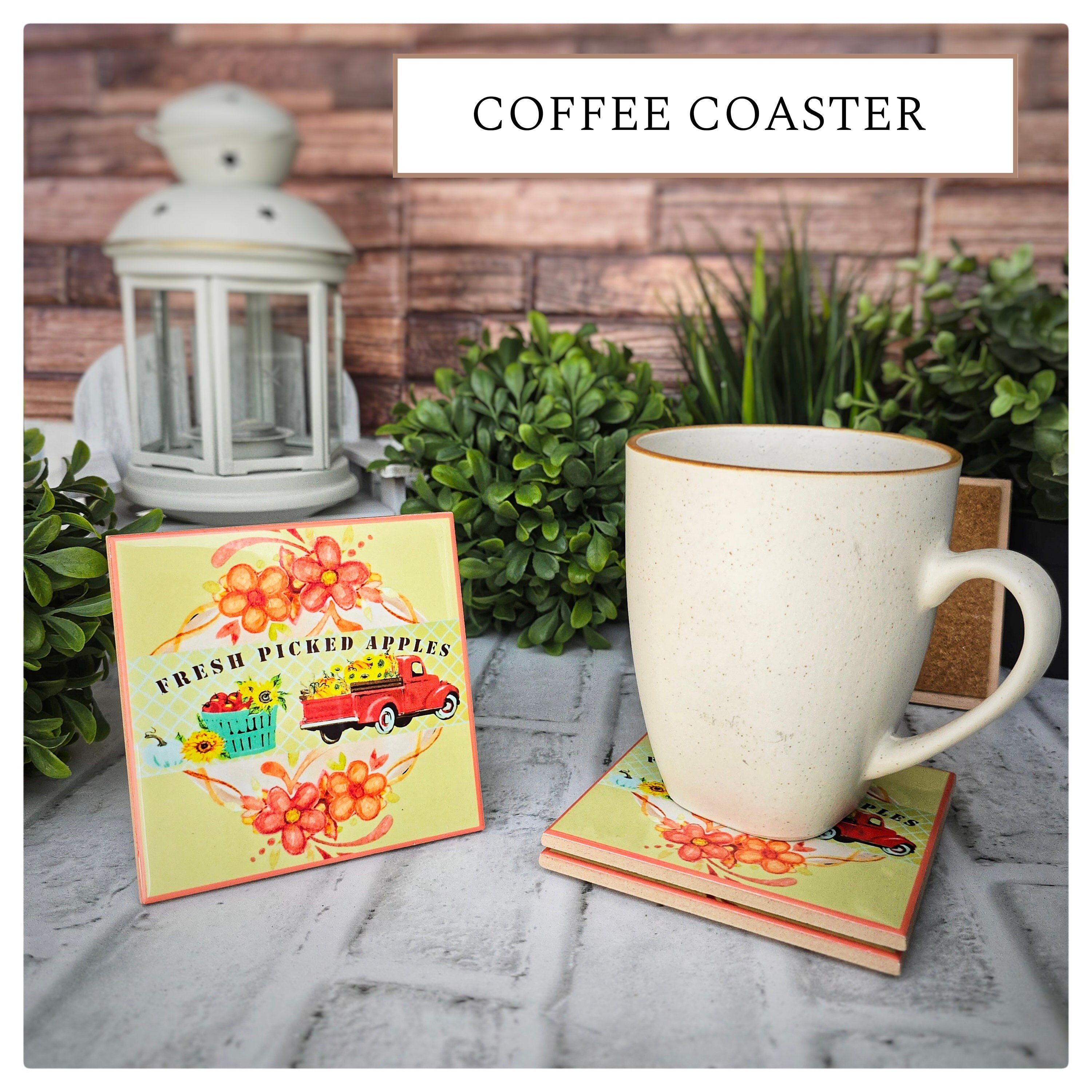Fall Ceramic Coasters: Fresh Picked Apples, Red Truck - Set of 4, detail 4