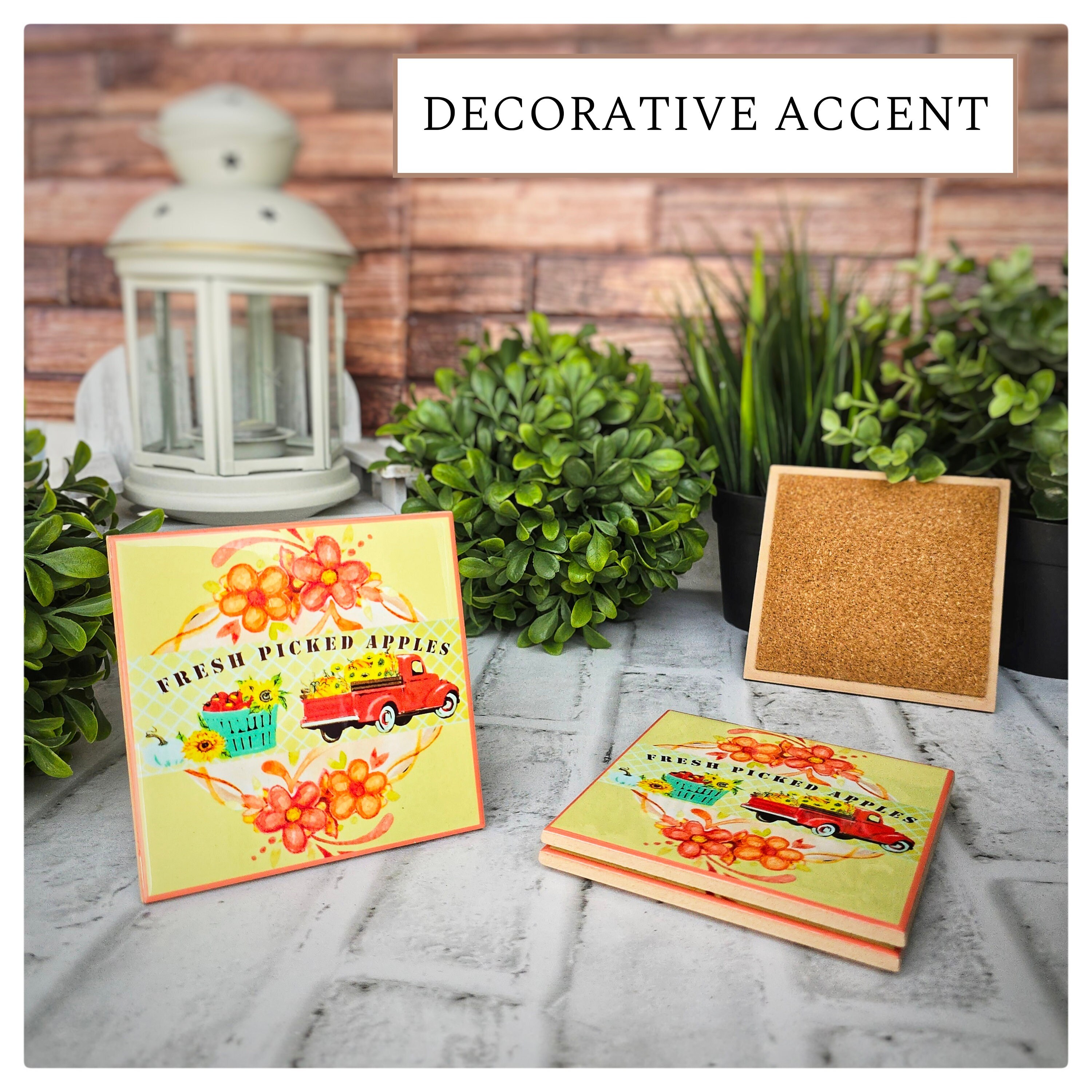 Fall Ceramic Coasters: Fresh Picked Apples, Red Truck - Set of 4, detail 7