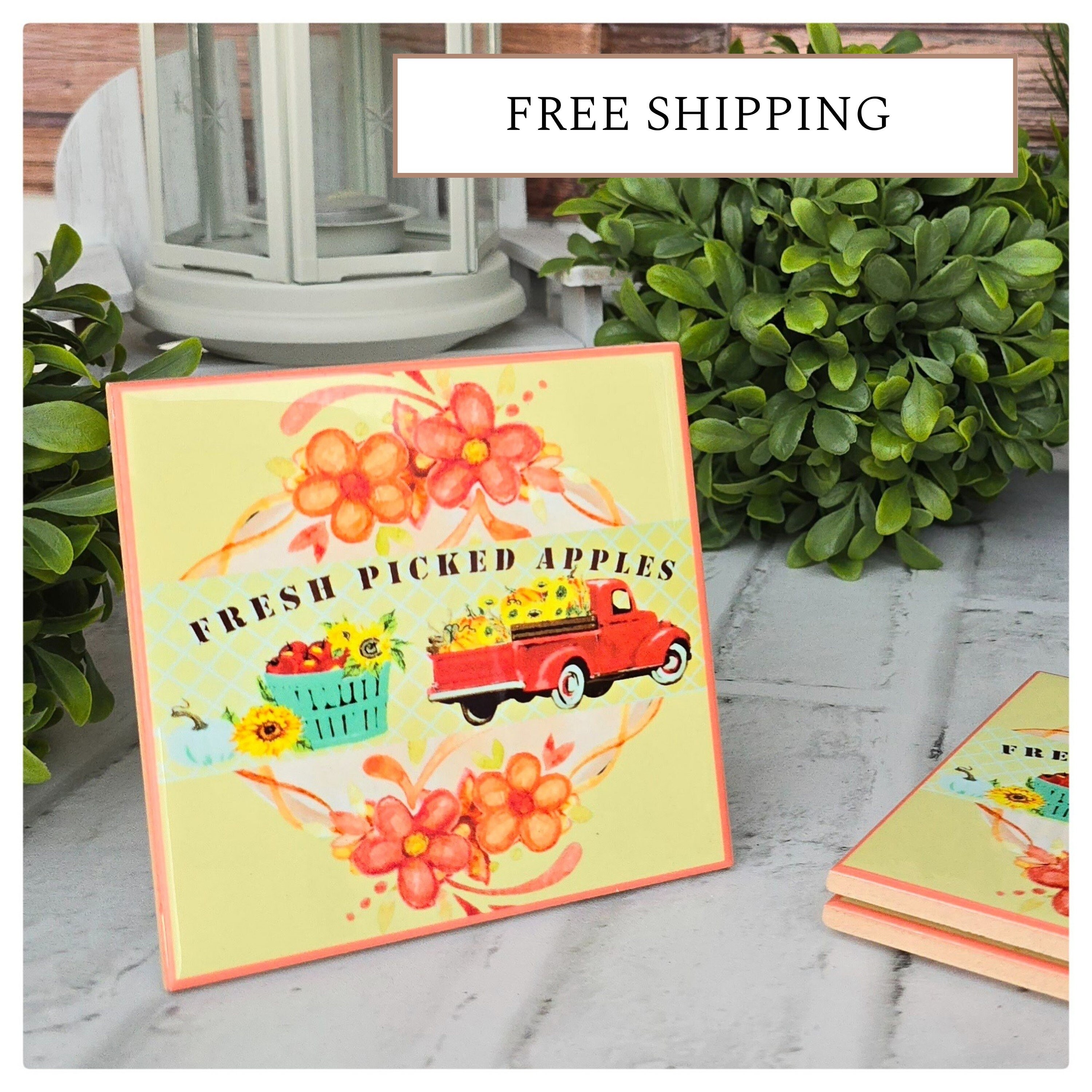 Fall Ceramic Coasters: Fresh Picked Apples, Red Truck - Set of 4, detail 8